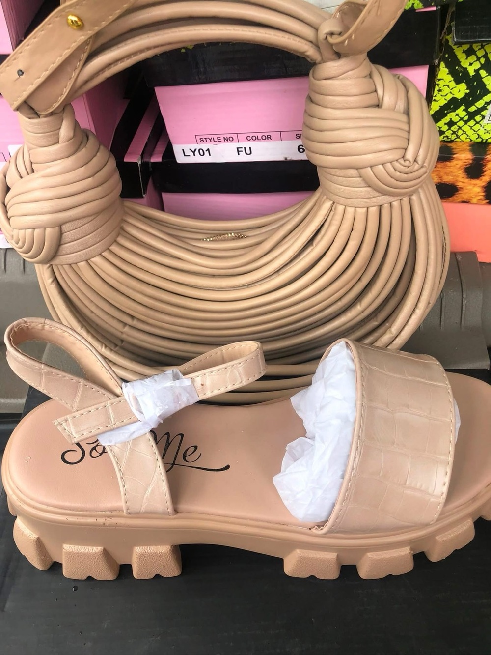 So Me Women's Chunky Strap Sandals in Beige with bag Set